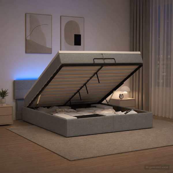 LED-valgustusega voodiraam peatsiga koos madratsiga, helehall, 200 × 200 cm — mudel 3456933