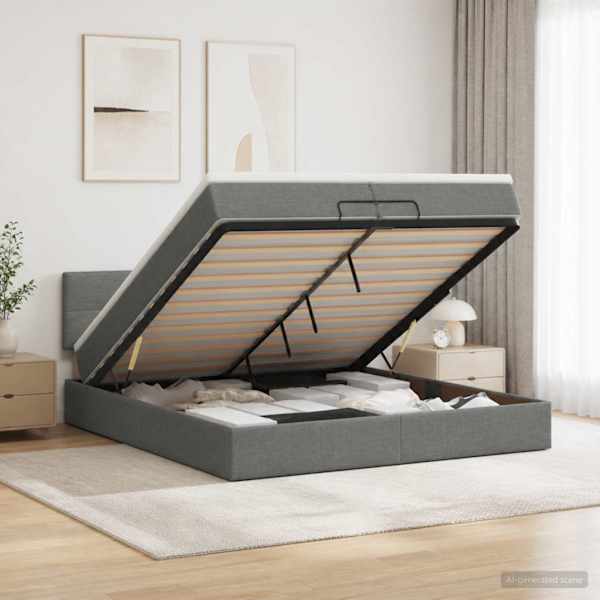 LED-valgustusega voodiraam peatsiga koos madratsiga, tumehall, 200 × 200 cm — mudel 3456934