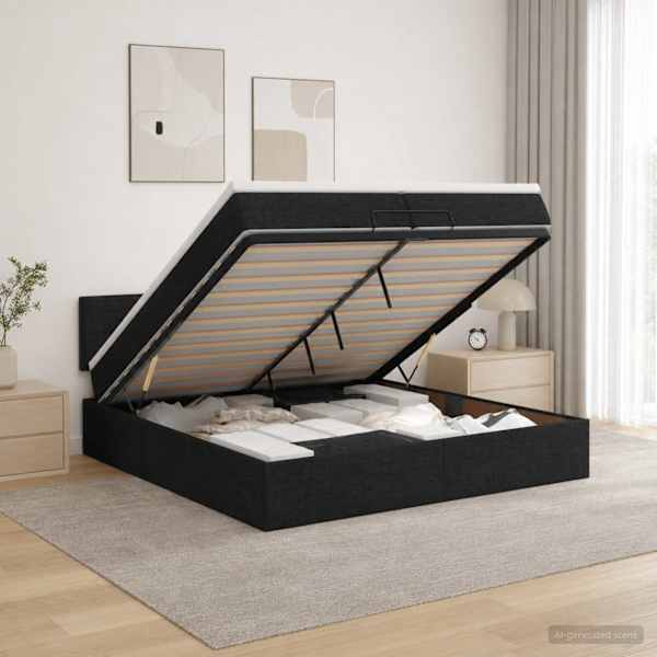 LED-valgustusega voodiraam peatsiga koos madratsiga, must, 200 × 200 cm, kangas — mudel 3456935