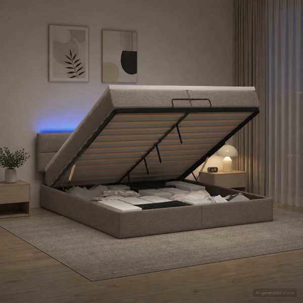 LED-valgustusega voodiraam peatsiga koos madratsiga, pruunikashall, 200 × 200 cm — mudel 3456937