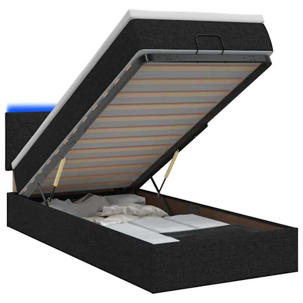LED-valgustusega voodiraam peatsiga koos madratsiga, must, 90 × 200 cm, kangas — mudel 3456962