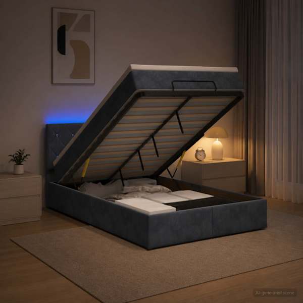 LED-valgustusega voodiraam peatsiga koos madratsiga, tumehall, 120 × 190 cm — mudel 3457054