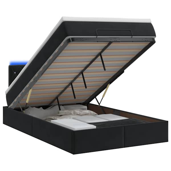 LED-valgustusega voodiraam peatsiga koos madratsiga, must, 120 × 200 cm, samet — mudel 3457061