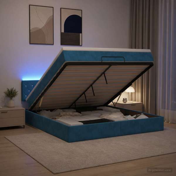 LED-valgustusega voodiraam peatsiga koos madratsiga, tumesinine, 180 × 200 cm — mudel 3457087