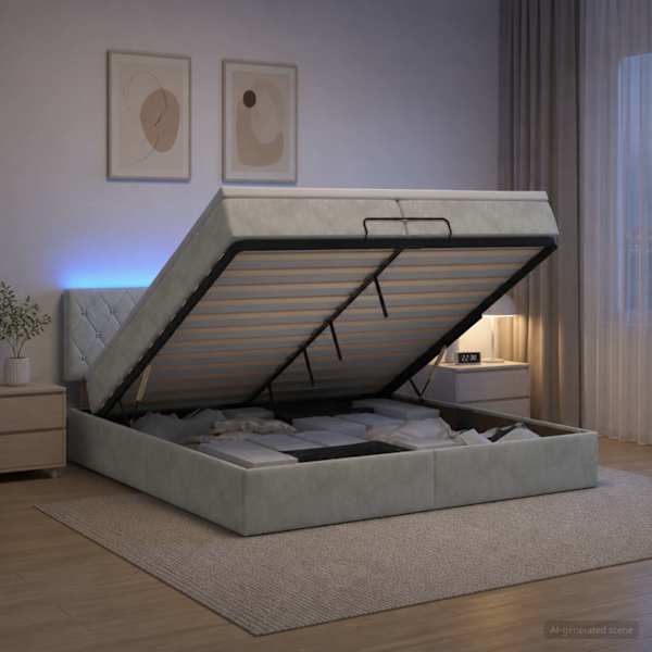 LED-valgustusega voodiraam peatsiga koos madratsiga, helehall, 200 × 200 cm — mudel 3457089