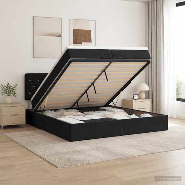 LED-valgustusega voodiraam peatsiga koos madratsiga, must, 200 × 200 cm, samet — mudel 3457091