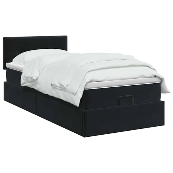 LED-valgustusega voodiraam peatsiga koos madratsiga, must, 90 × 190 cm, samet — mudel 3457109