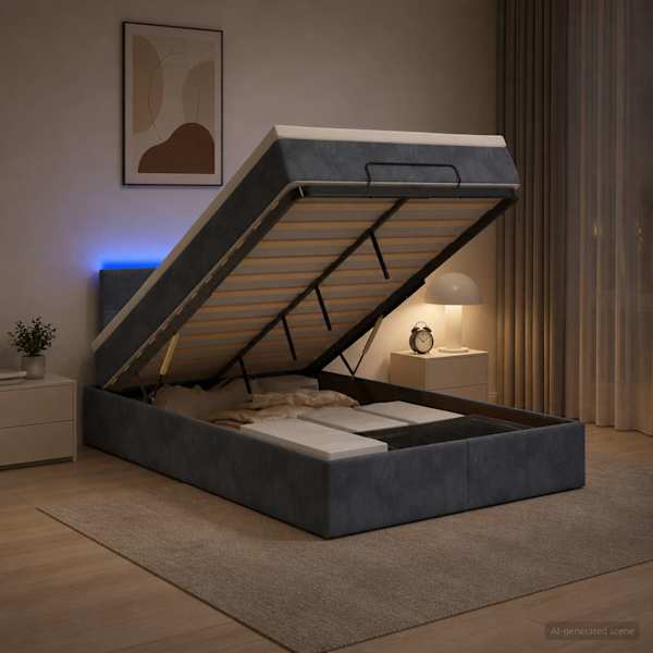 LED-valgustusega voodiraam peatsiga koos madratsiga, tumehall, 120 × 190 cm — mudel 3457126