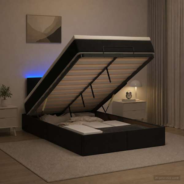 LED-valgustusega voodiraam peatsiga koos madratsiga, must, 120 × 190 cm, samet — mudel 3457127