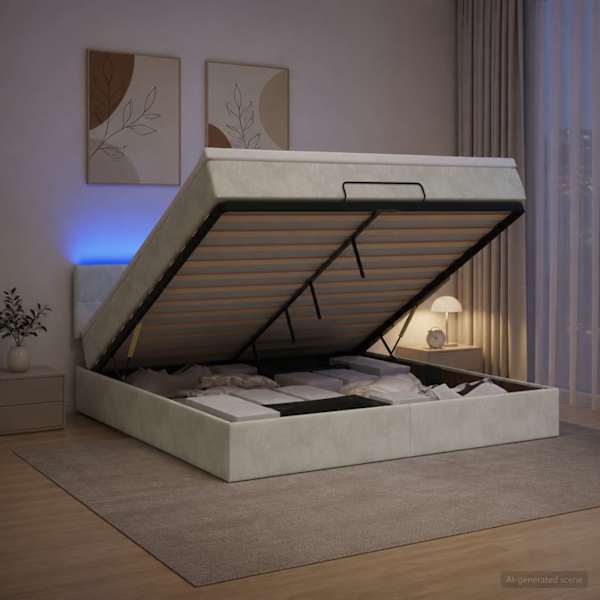 LED-valgustusega voodiraam peatsiga koos madratsiga, helehall, 180 × 200 cm — mudel 3457155