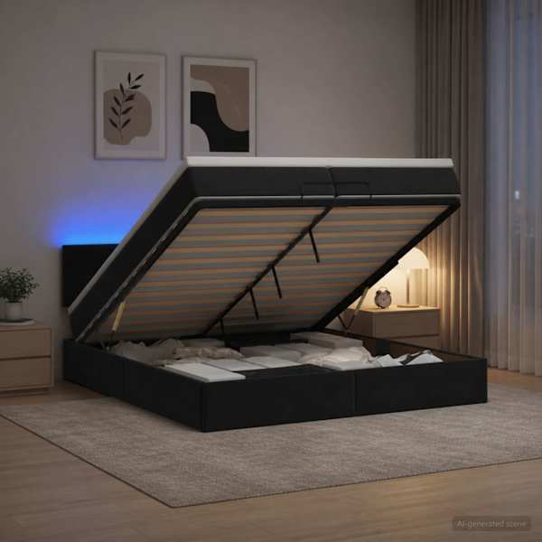 LED-valgustusega voodiraam peatsiga koos madratsiga, must, 200 × 200 cm, samet — mudel 3457163
