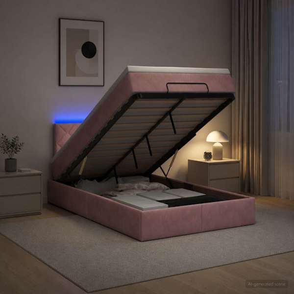 LED-valgustusega voodiraam peatsiga koos madratsiga, roosa, 120 × 190 cm, samet — mudel 3457202