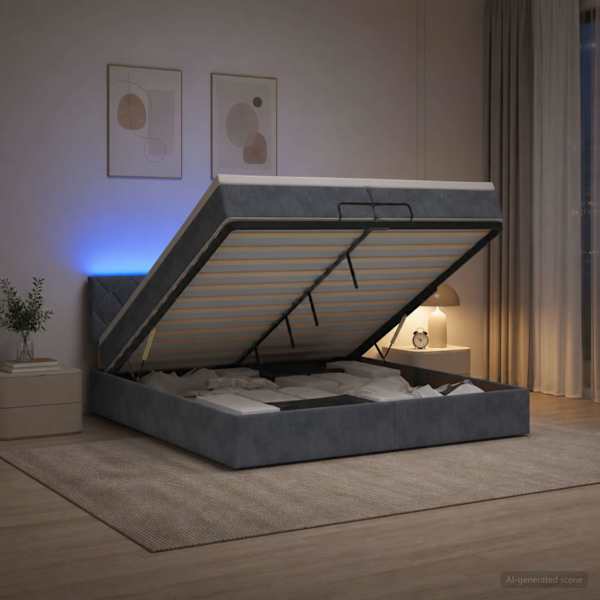 LED-valgustusega voodiraam peatsiga koos madratsiga, tumehall, 200 × 200 cm — mudel 3457234