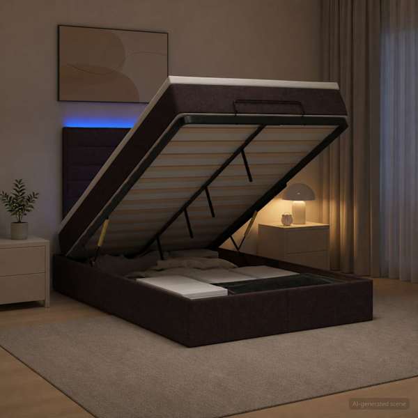 LED-valgustusega voodiraam peatsiga koos madratsiga, tumepruun, 120 × 190 cm — mudel 3457975