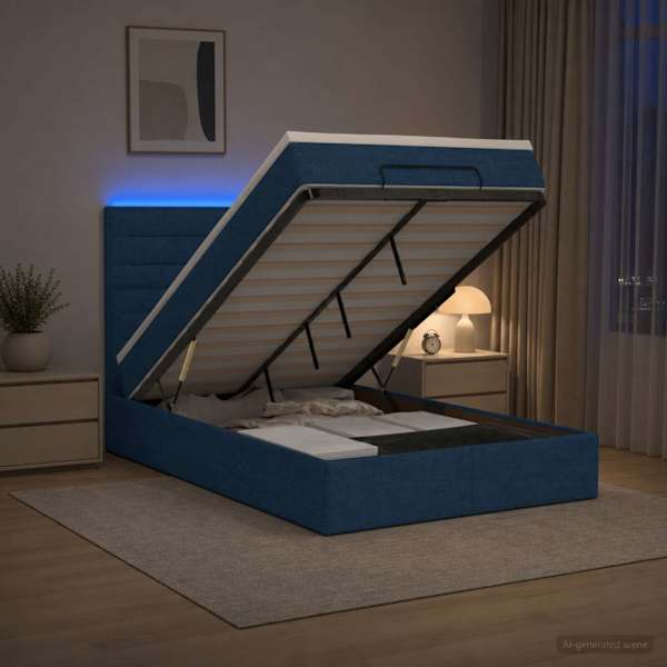 LED-valgustusega voodiraam peatsiga koos madratsiga, sinine, 120 × 190 cm, kangas — mudel 3457978