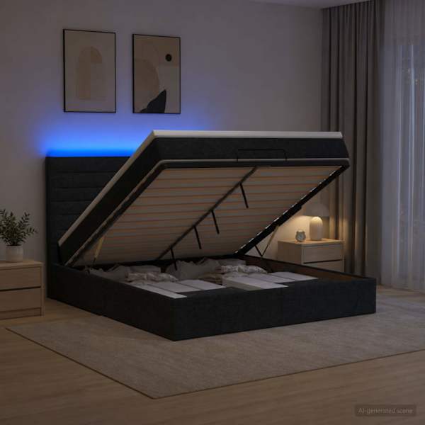 LED-valgustusega voodiraam peatsiga koos madratsiga, must, 180 × 200 cm, kangas — mudel 3458009