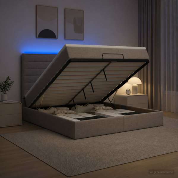 LED-valgustusega voodiraam peatsiga koos madratsiga, pruunikashall, 180 × 200 cm — mudel 3458011