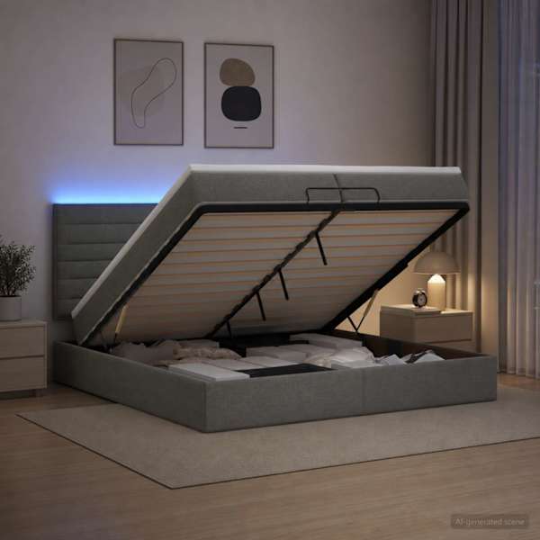 LED-valgustusega voodiraam peatsiga koos madratsiga, tumehall, 200 × 200 cm — mudel 3458015