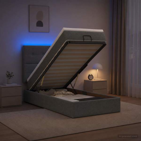 LED-valgustusega voodiraam peatsiga koos madratsiga, tumehall, 80 × 200 cm — mudel 3458028