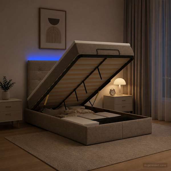 LED-valgustusega voodiraam peatsiga koos madratsiga, pruunikashall, 120 × 190 cm — mudel 3458059