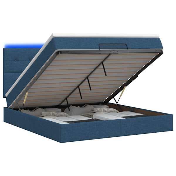 LED-valgustusega voodiraam peatsiga koos madratsiga, sinine, 160 × 200 cm, kangas — mudel 3458089