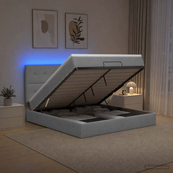 LED-valgustusega voodiraam peatsiga koos madratsiga, helehall, 180 × 200 cm — mudel 3458090