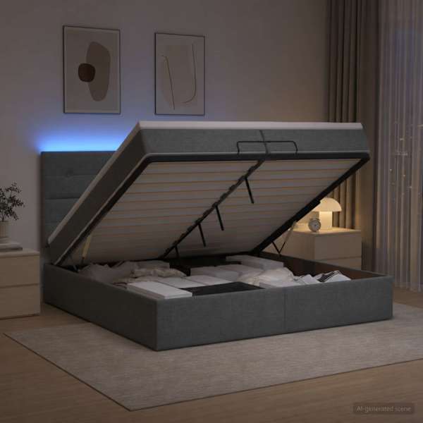 LED-valgustusega voodiraam peatsiga koos madratsiga, tumehall, 200 × 200 cm — mudel 3458098