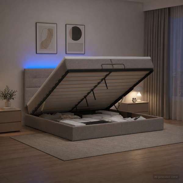 LED-valgustusega voodiraam peatsiga koos madratsiga, pruunikashall, 200 × 200 cm — mudel 3458101