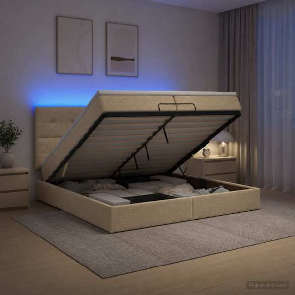 LED-valgustusega voodiraam peatsiga koos madratsiga, kreemjasvalge, 200 × 200 cm — mudel 3458102