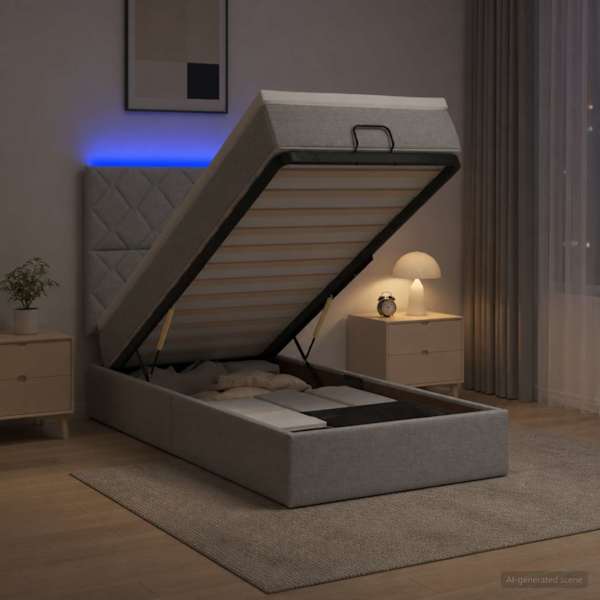 LED-valgustusega voodiraam peatsiga koos madratsiga, helehall, 80 × 200 cm — mudel 3458110