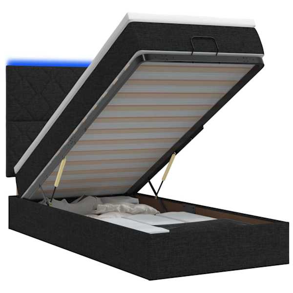 LED-valgustusega voodiraam peatsiga koos madratsiga, must, 90 × 200 cm, kangas — mudel 3458126