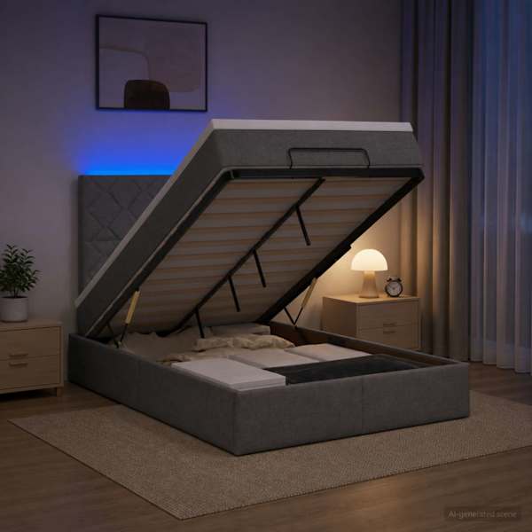 LED-valgustusega voodiraam peatsiga koos madratsiga, tumehall, 120 × 190 cm — mudel 3458139