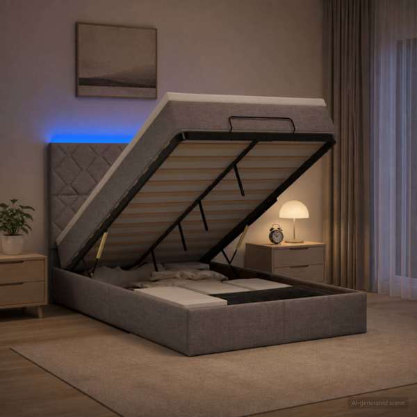 LED-valgustusega voodiraam peatsiga koos madratsiga, pruunikashall, 120 × 190 cm — mudel 3458142