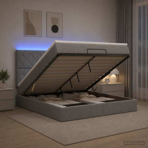 LED-valgustusega voodiraam peatsiga koos madratsiga, helehall, 180 × 200 cm — mudel 3458173