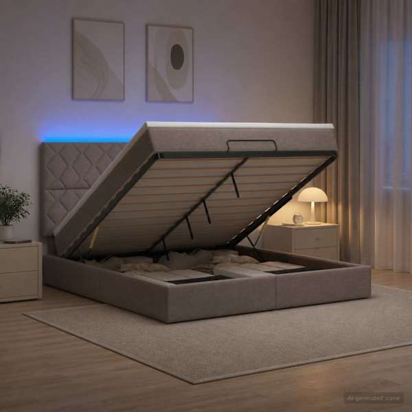 LED-valgustusega voodiraam peatsiga koos madratsiga, pruunikashall, 180 × 200 cm — mudel 3458177