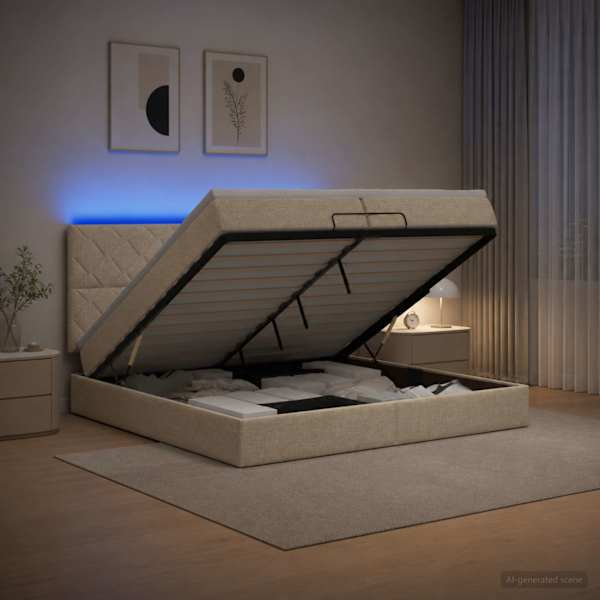 LED-valgustusega voodiraam peatsiga koos madratsiga, kreemjasvalge, 200 × 200 cm — mudel 3458185