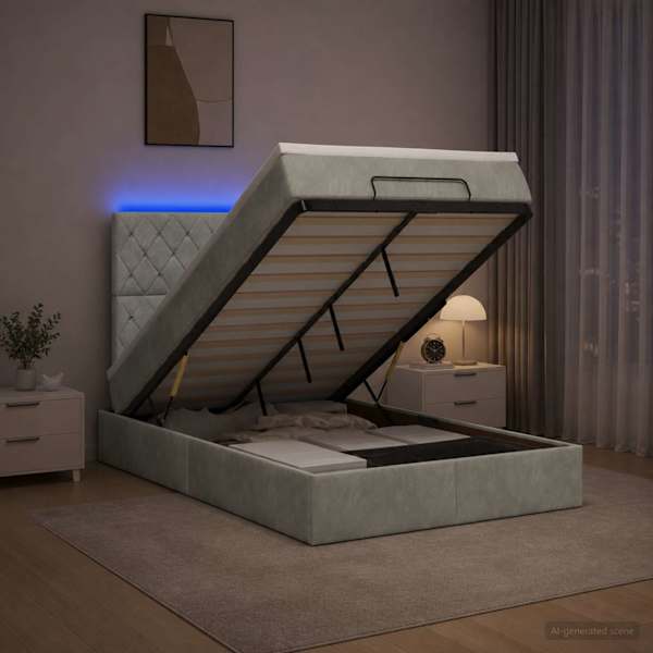LED-valgustusega voodiraam peatsiga koos madratsiga, helehall, 120 × 190 cm — mudel 3458217