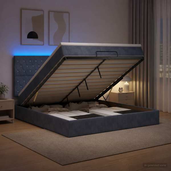 LED-valgustusega voodiraam peatsiga koos madratsiga, tumehall, 180 × 200 cm — mudel 3458248