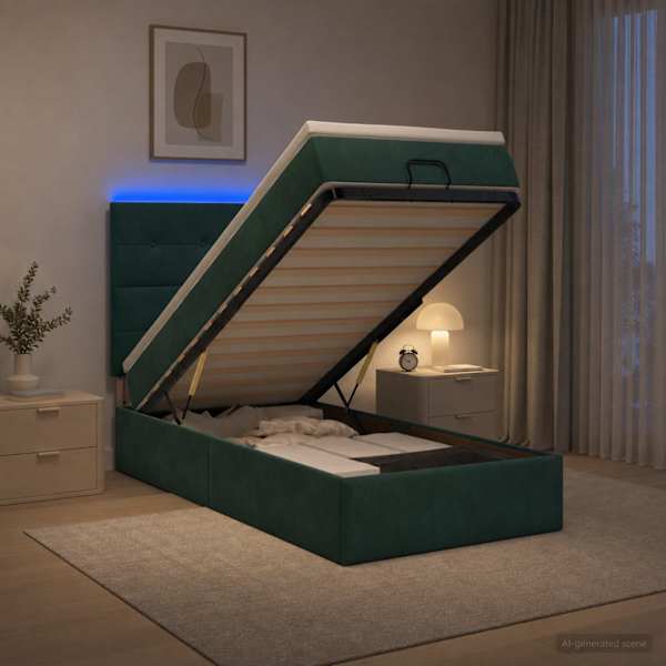 LED-valgustusega voodiraam peatsiga koos madratsiga, tumeroheline, 80 × 200 cm — mudel 3458268