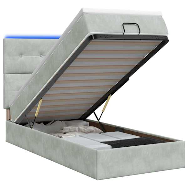 LED-valgustusega voodiraam peatsiga koos madratsiga, helehall, 100 × 200 cm — mudel 3458283