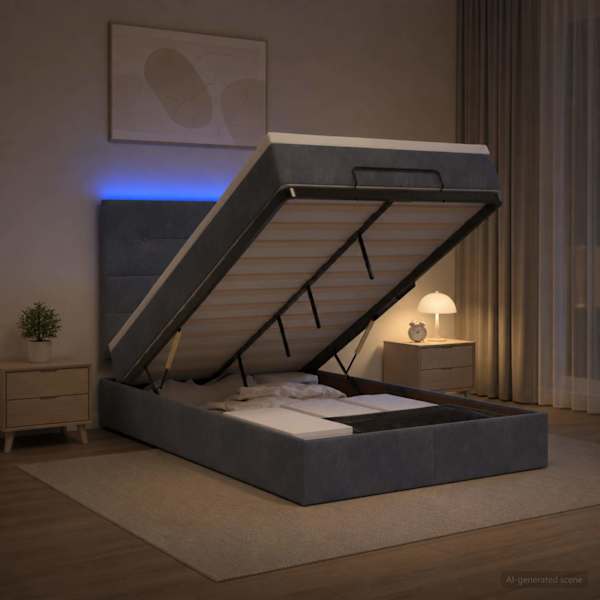 LED-valgustusega voodiraam peatsiga koos madratsiga, tumehall, 120 × 190 cm — mudel 3458290