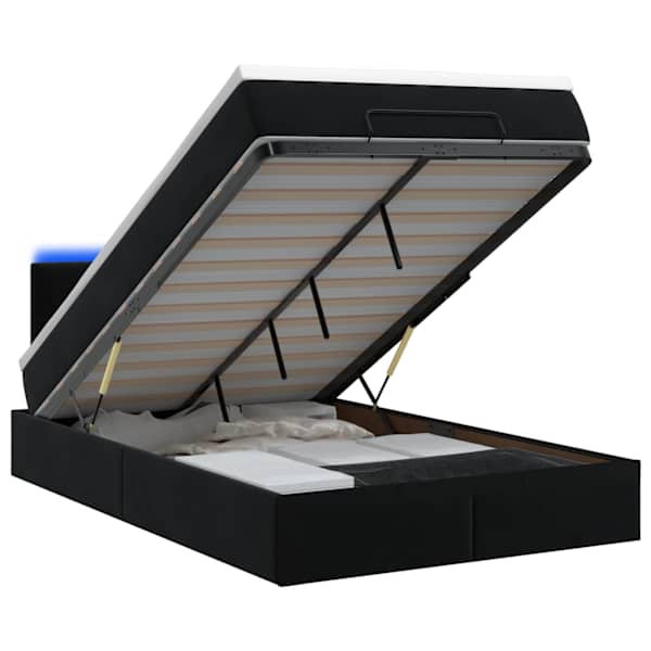 LED-valgustusega voodiraam peatsiga koos madratsiga, must, 120 × 190 cm, samet — mudel 3458291