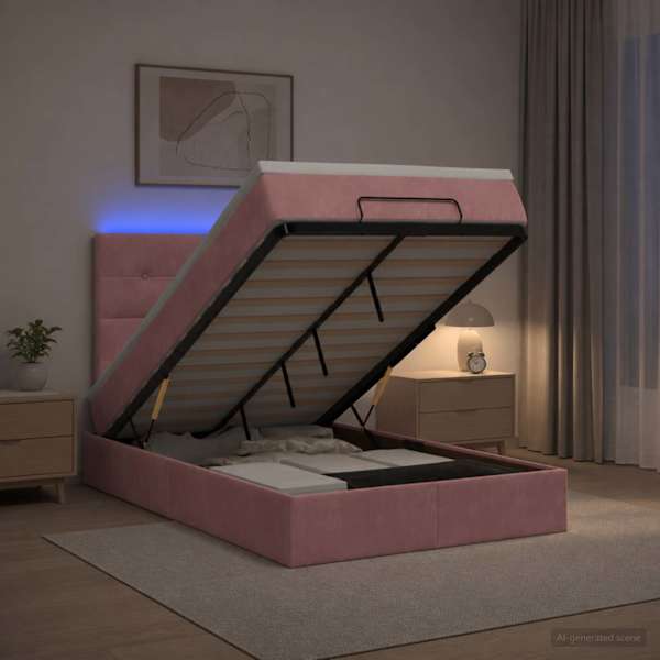 LED-valgustusega voodiraam peatsiga koos madratsiga, roosa, 120 × 190 cm, samet — mudel 3458294