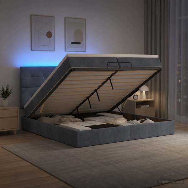 LED-valgustusega voodiraam peatsiga koos madratsiga, tumehall, 200 × 200 cm — mudel 3458326