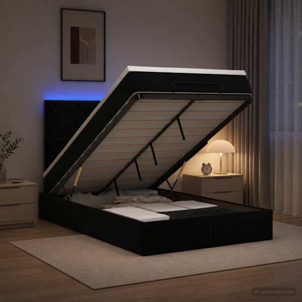 LED-valgustusega voodiraam peatsiga koos madratsiga, must, 120 × 190 cm, samet — mudel 3458363