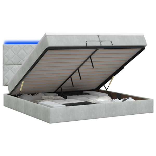 LED-valgustusega voodiraam peatsiga koos madratsiga, helehall, 200 × 200 cm — mudel 3458397