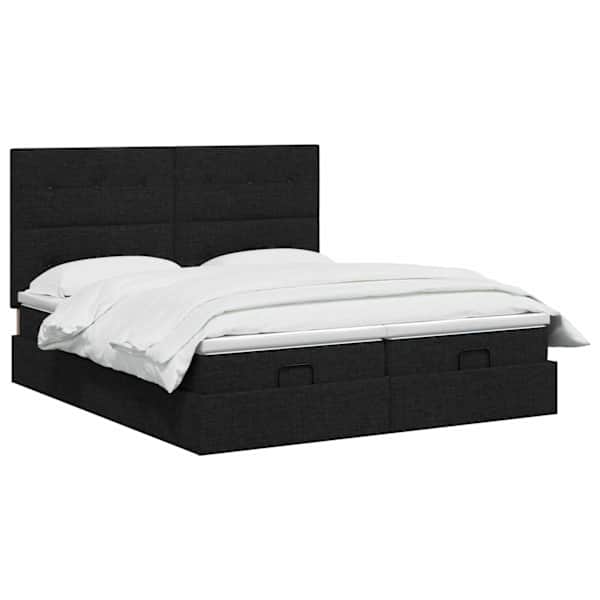 LED-valgustusega voodiraam peatsiga koos madratsiga, must, 200 × 200 cm, kangas — mudel 3458446