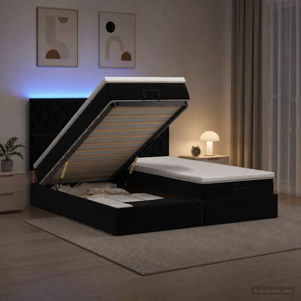 LED-valgustusega voodiraam peatsiga koos madratsiga, must, 180 × 200 cm, samet — mudel 3458516