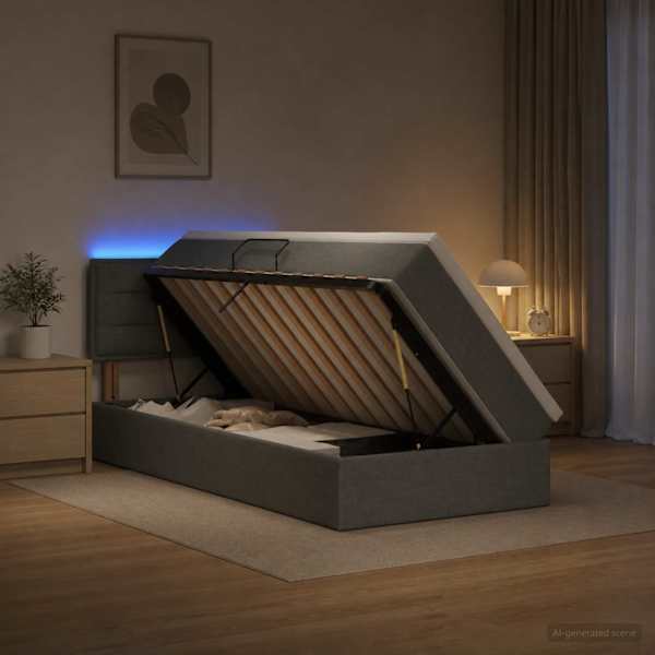 LED-valgustusega voodiraam peatsiga koos madratsiga, tumehall, 90 × 190 cm, kangas — mudel 3458968