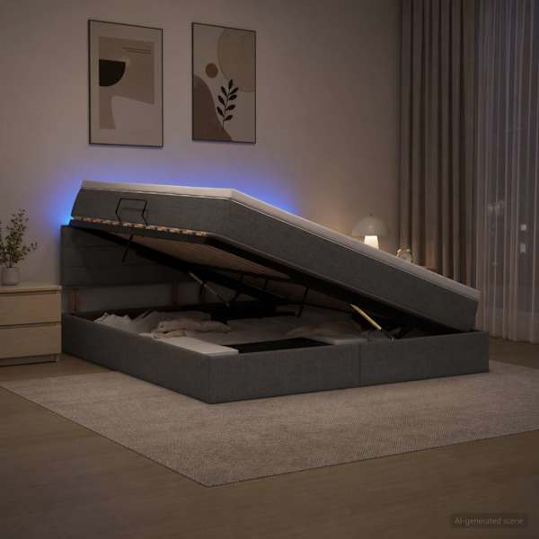 LED-valgustusega voodiraam peatsiga koos madratsiga, tumehall, 180 × 200 cm, kangas — mudel 3459016
